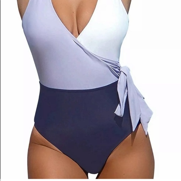 CUPSHE One Piece Swimsuit Wrap Color Block Tie, Purple White, Size Small - Picture 10 of 10